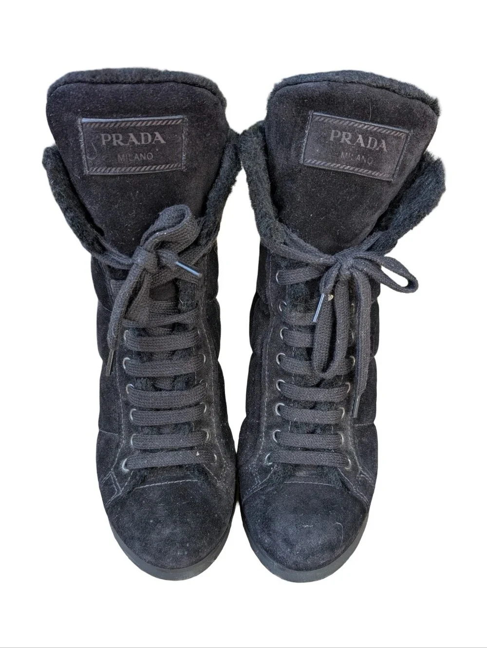 Prada Sport Suede Faux Fur Trim Lace-Up Boots